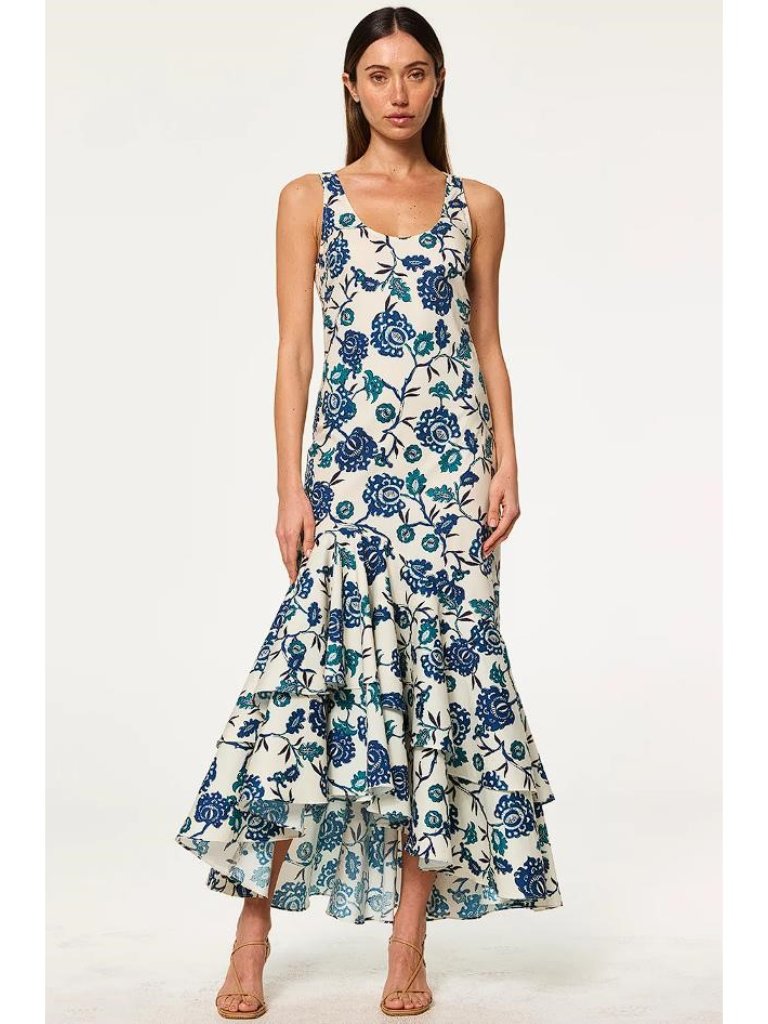 Misa Los Angeles Women's Erika Dress Size M In Indigo Teal Blooms Poplin